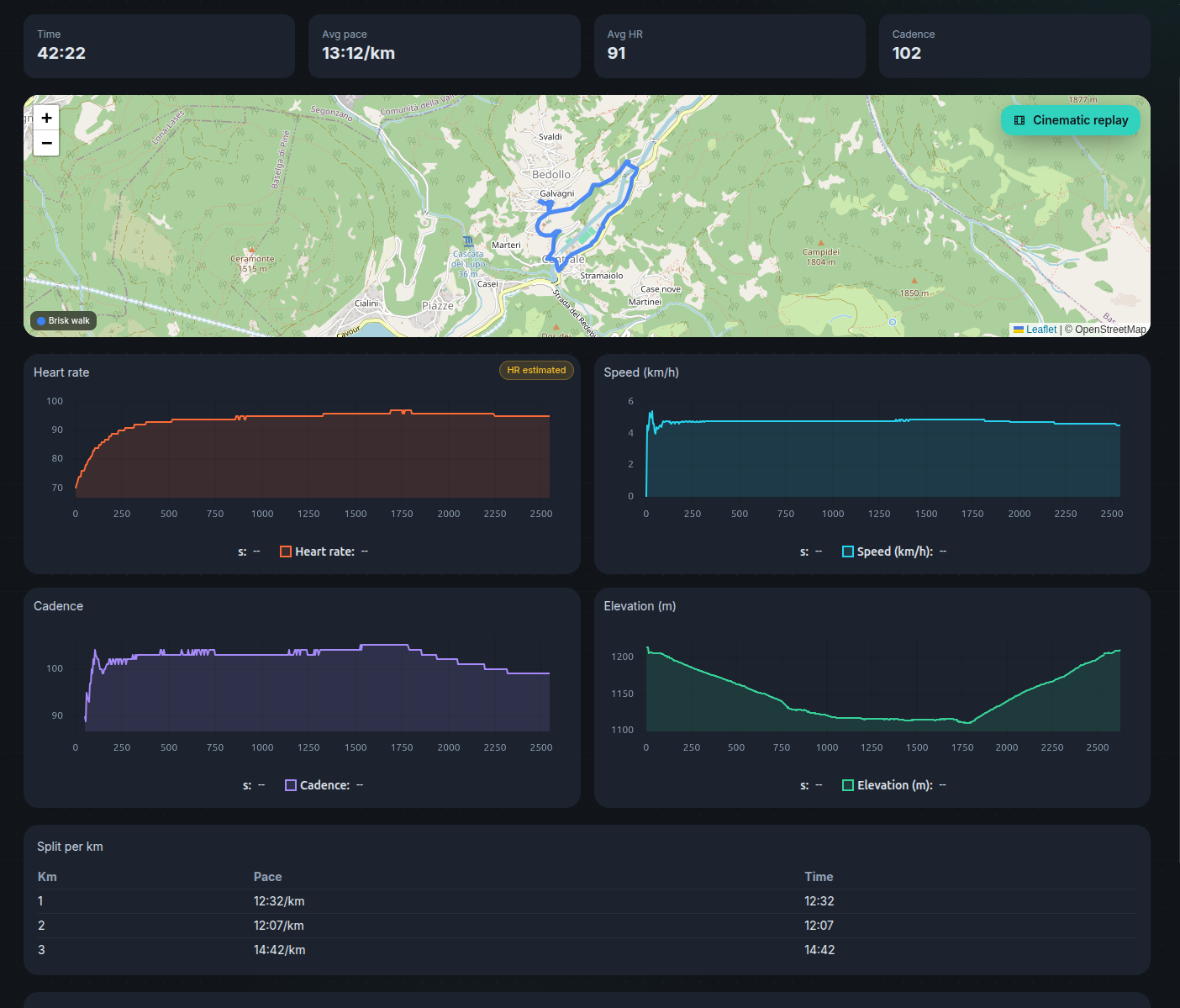 Analisi di una sessione cardio in cw·dashboard: mappa del percorso, frequenza cardiaca, velocità, cadenza, altimetria e parziali al chilometro