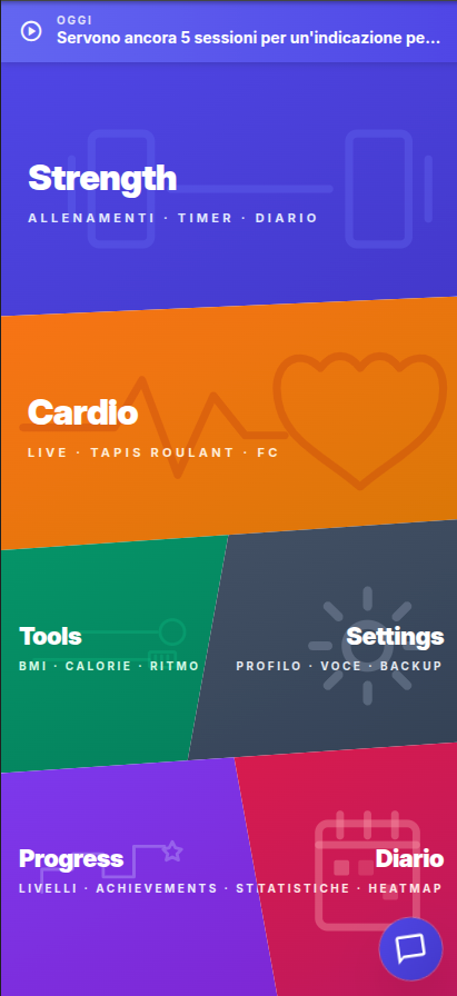 Schermata home di cronoWiz: mosaico di sezioni Strength, Cardio, Tools, Settings, Progress, Diario