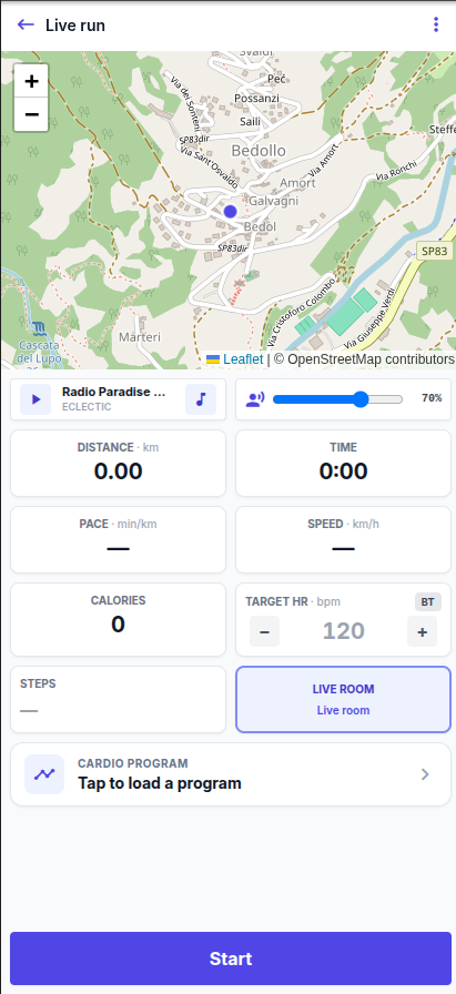 Schermata Live run di cronoWiz con mappa e metriche