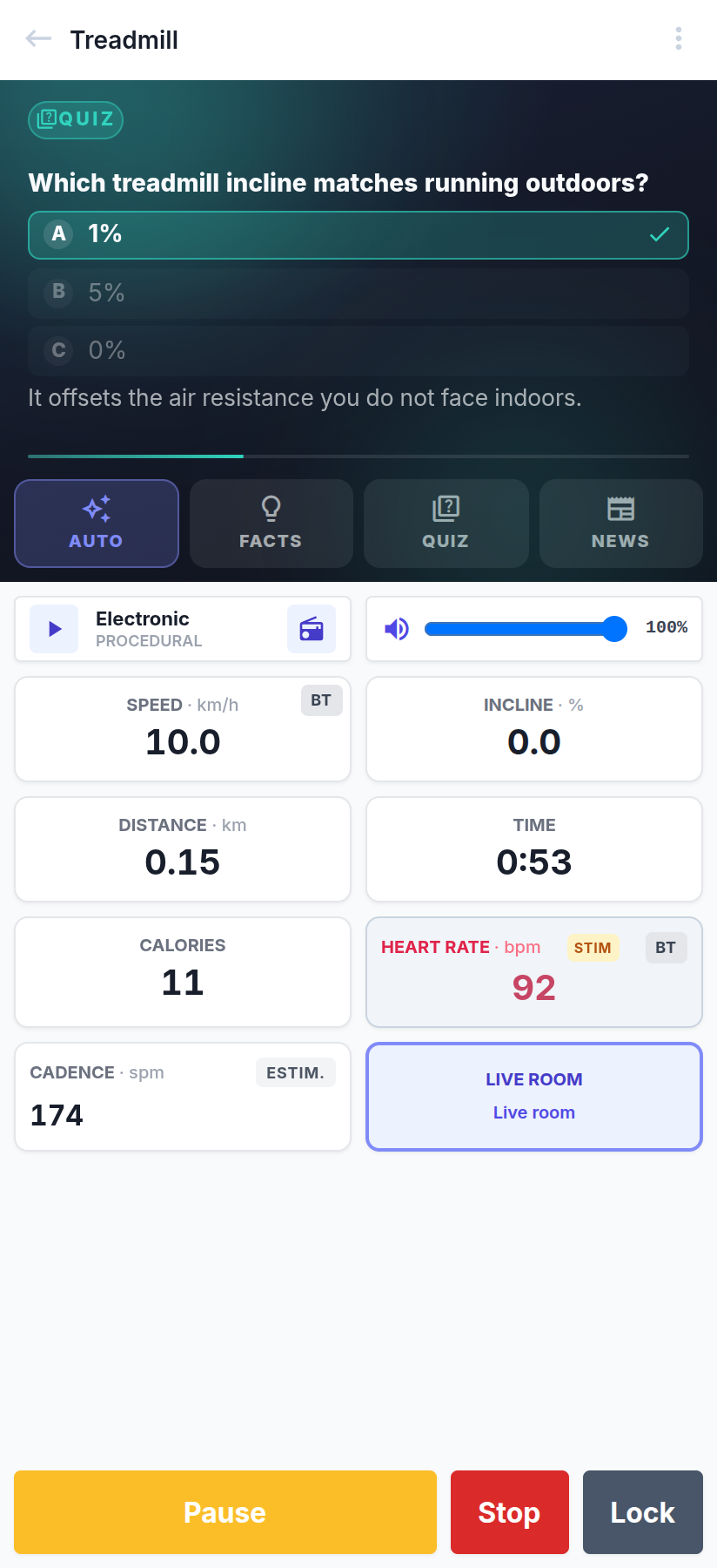 Modalità Flow di cronowiz: un quiz sullo schermo durante la corsa, con le metriche della sessione sotto
