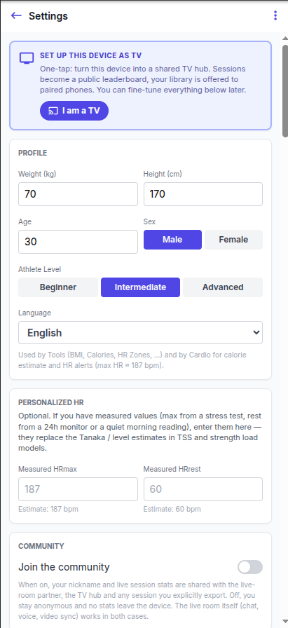 Impostazioni cronoWiz con funzioni tech e approccio WebGPU AI fitness