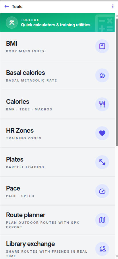 Schermata Tools di cronoWiz con calcolatori BMI, calorie, HR zones